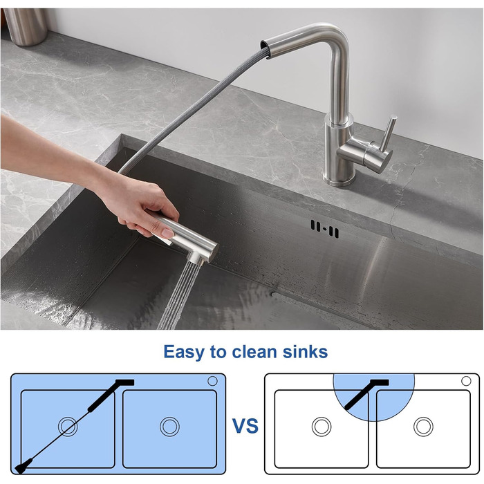 Висувна кухонна змішувач з душем, 360° поворот, нержавіюча сталь, 2 режими струменя, кухонна змішувач преміум-класу, сріблястого кольору