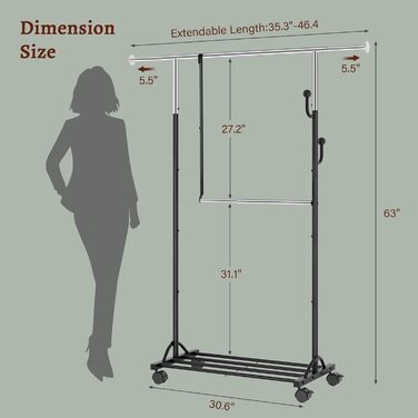 Кледірстанцер FAVOOOSTY на колесах, мобільний, металевий, регульований, чорно-білий, 89.50×39.00×161.20 см