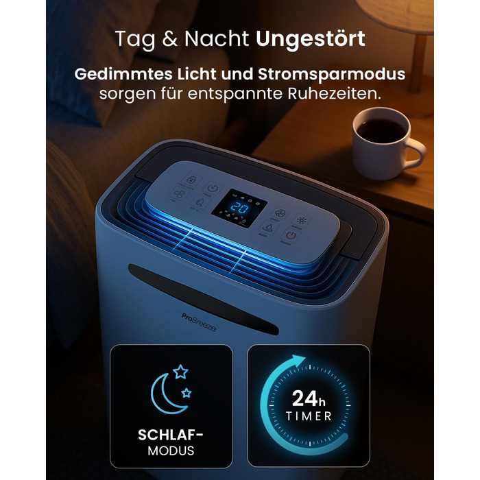 Про Breeze - відбійник повітря 20 л/24 год. Підходить для приміщень до 30 м². 4 режими роботи, цифровий дисплей, шланг для зливу, функція сушіння білизни, таймер. Захист від вологи та плісняви.