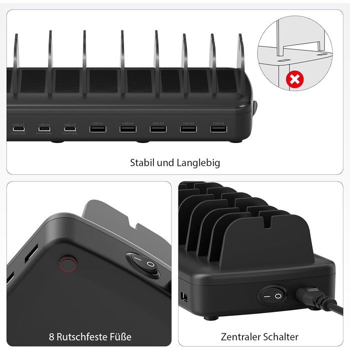Зарядна станція COTOPS 65W на 10 портів для ноутбука, телефону, iPad, планшета. USB-C PD, з підставкою-органайзером, чорна