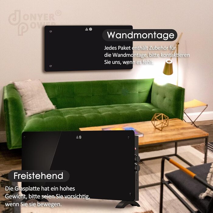 Конвектор DONYER POWER 2000W з чорною скляною панеллю, 2КВт, настінний/підлоговий