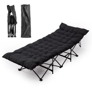 Ліжко похідне розкладне LEADZM з матрацом, 190x71x36 см, сталевий каркас, для кемпінгу, туризму та дому, чорне