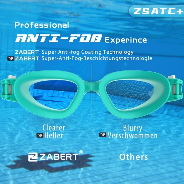 ZABERT W1 Adult Swimming Goggles for Men and Women, Anti-Fog, UV Protection, Waterproof, Adult Unisex, Teens #012. Blue-Green White Teal | Clear Lenses