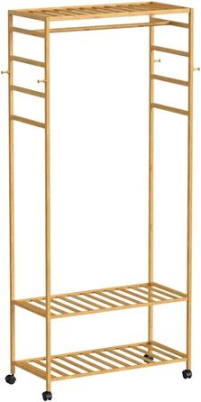 Bamboo Coat Rack, Clothes Rack with 3 Shelves and 10 Hooks, Laundry Rack with Clothes Rod, for Entryway, Living Room and Office, 80x43.5x165cm (Natural3)