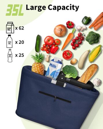 Складаний кошик для покупок 35L з 2 стійками, сімейний, з алюмінієвою ручкою, водовідштовхуючий, для пікніків, подорожей, кемпінгу, подарунок (Синій, 35L (48x28x26cm))