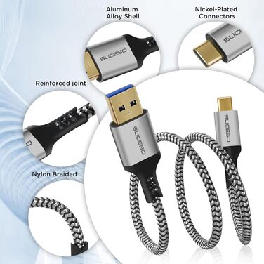 Кабель USB-C на USB 3.1 Gen2, 0.5м, швидка зарядка 3A/60W, 10Gbps, сумісний з iPhone 15, Galaxy S24, Redmi, Pixel 8, PS5 SSD