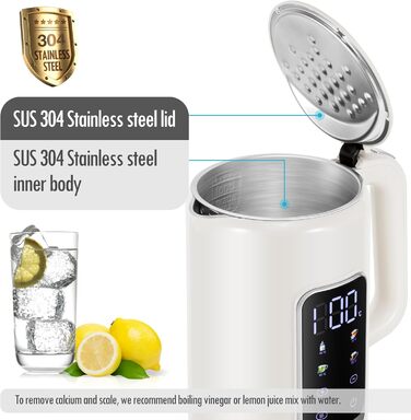 Електричний чайник ForMe з нержавіючої сталі, 1.7 л, регулювання температури 40-100°C, LED дисплей, функція підтримання тепла, BPA Free, білий