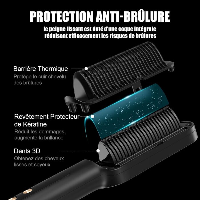 Професійний випрямляч для волосся – щітка-випрямляч, 4 температурні режими, 140℃–200℃, час нагріву 30 секунд, з негативними іонами, підходить для всіх типів волосся (золотистий колір), професійний випрямляч