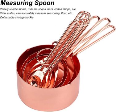 8-Piece Measuring Cup and Spoon Set, Stainless Steel Measuring Spoons with Buckle, Kitchen Baking Accessories for Milk-Tea Shops, Bars, Cafés, Kitchen Utensils (Color: Rose Gold)
