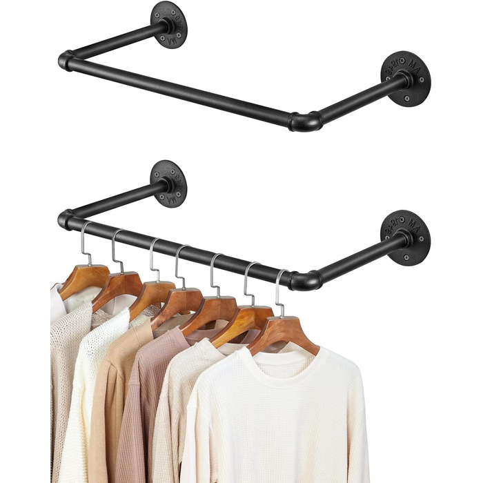 Wall-Mounted Clothes Rack, Pipe Clothes Rail, Industrial Style Wall Hangers, Detachable Metal Clothes Rods, Coat Rack, Bedroom for Hallways, Living Room, Bedroom (50cm - 2PCS)