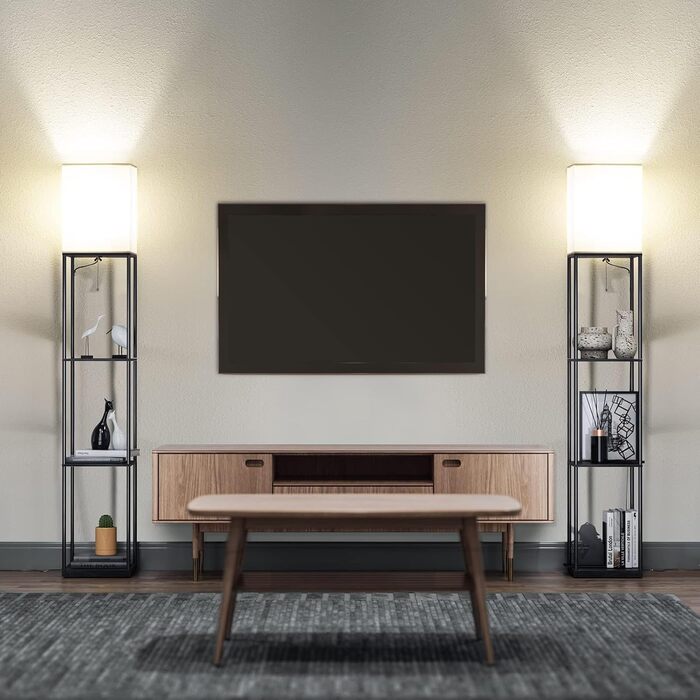 Стійка лампа з полицею для вітальні у стилі вінтаж, чорна. Металева підлога, 3 режими кольору, тканинний абажур, вимикач на ніжці. Ідеальна для вітальні, спальні, офісу.