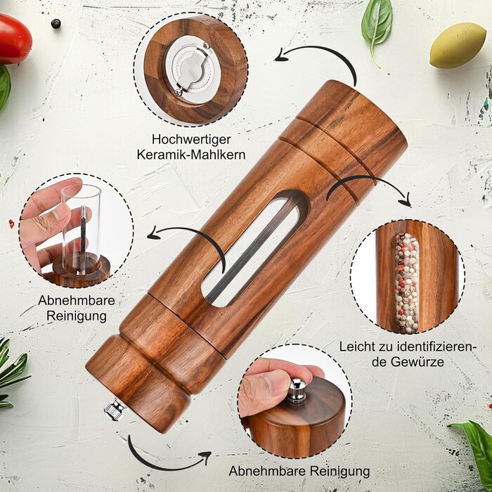 Herboom Salt and Pepper Grinder Wooden 2-Piece Set with Coasters, Cleaning Brush, Manual Ceramic Grinder Salt Mill Spice Grinder, for Pepper Salt Spices