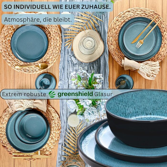 Набір посуду SÄNGER Vigo (18 предметів) | Керамічний набір посуду на 6 осіб | Тарілки, миски, десертні тарілки | Bluе з чорним бордюром, стійкий до подряпин