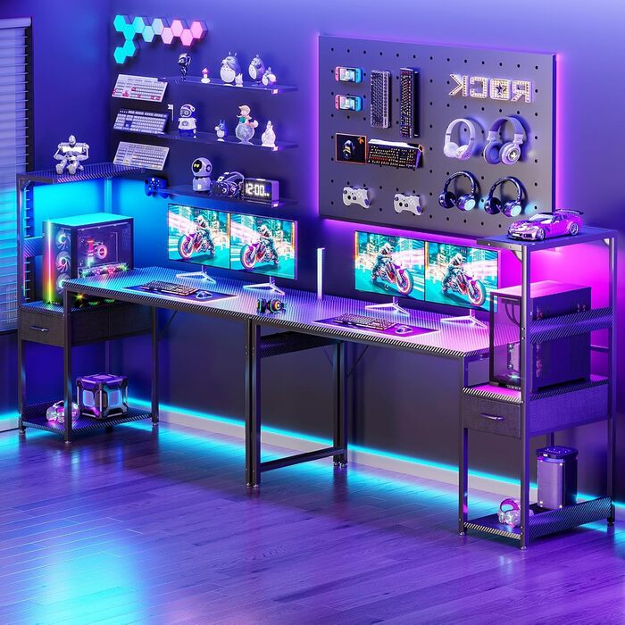 Ігровий стіл Coleshome з LED-підсвічуванням, стіл для геймінгу з шухлядами та полицею, обертовий комп'ютерний стіл з тримачем для навушників (Carbon Fiber Black, 138×48 см)