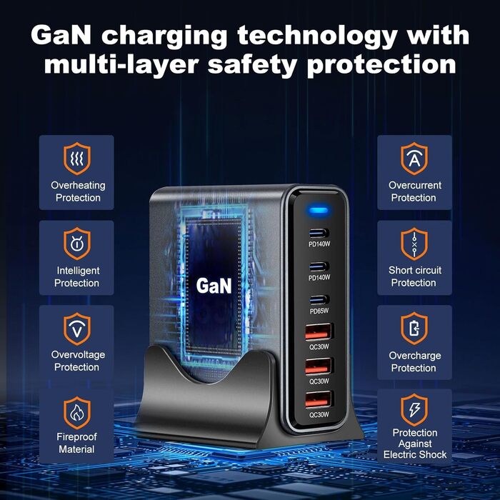 Зарядний пристрій USB-C 435W, 6 портів: швидка зарядка для MacBook Pro/Air, iPad Pro/Air, Samsung та інших – чорний