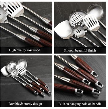 Набір кухонного приладдя з нержавіючої сталі, 5 предметів: лопатка, половник, шумовка, серветка для пасти та шумовка, придатний для миття в посудомийній машині