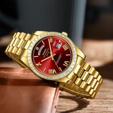 Годинник NIBOSI для чоловіків: аналоговий кварцовий годинник з діамантовою лускою, сталевий циферблат рожевого золота, срібний, водонепроникний, бізнес-стиль, класичний годинник з датою та індикатором дня тижня (золотий, червоний)