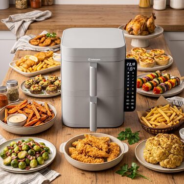 Аерофритюрниця з двома камерами LEHMANN XXL 12L, безмасляний Airfryer на 2800 Вт, 10 програм, антипригарне покриття, бежевий