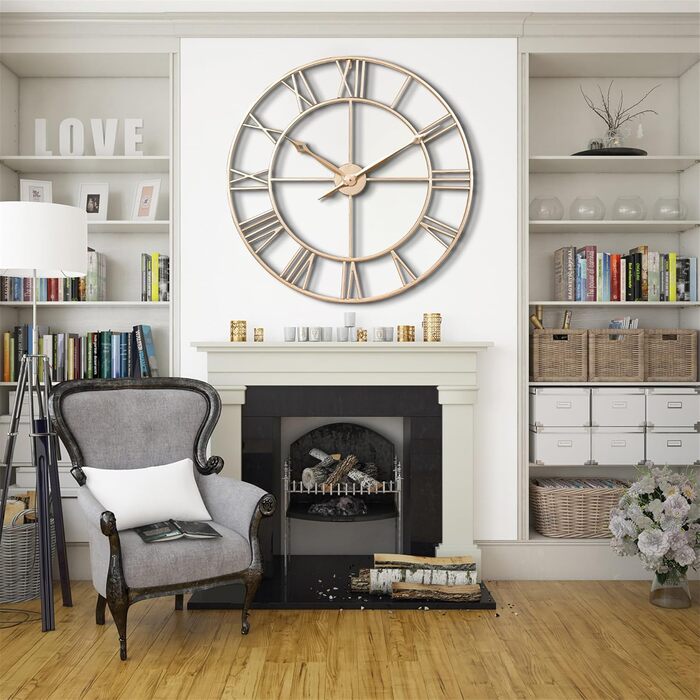Samilito Large Wall Clock in Vintage Style, Round, Silent. Free with it: ONE extra set of black clock hands. Metal clock for loft, living room, bedroom, and kitchen decoration (76 cm, Gold)