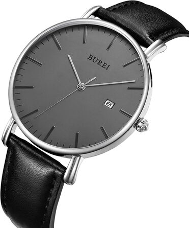 Годинник чоловічий BUREI Ultra Slim аналоговий з датою, кварцовий механізм Japan, шкіряний ремінець, чорний та сріблястий, подарунок для чоловіків