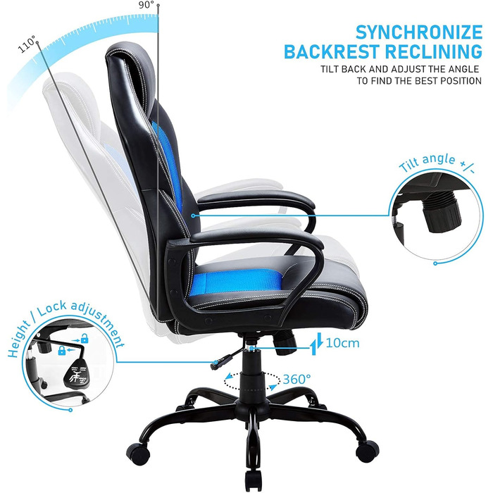 Офісне крісло BASETBL для роботи та ігор, ергономічне, з PU шкірою, 150 кг, блакитне