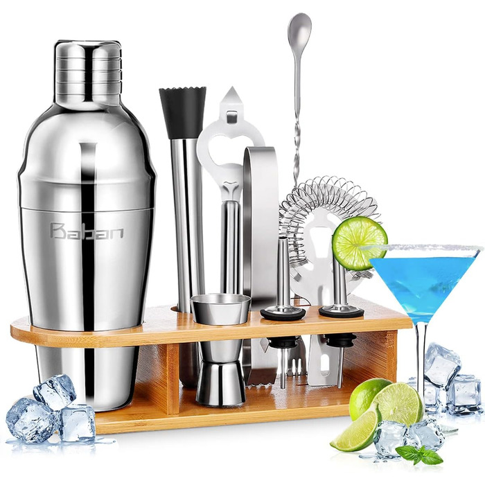 Набір для коктейлів Baban Edelstahl, 10 предметів: шейкер, підставка з бамбука, мірний стакан, барна ложка, 750 мл. Подарунок для дому або бару