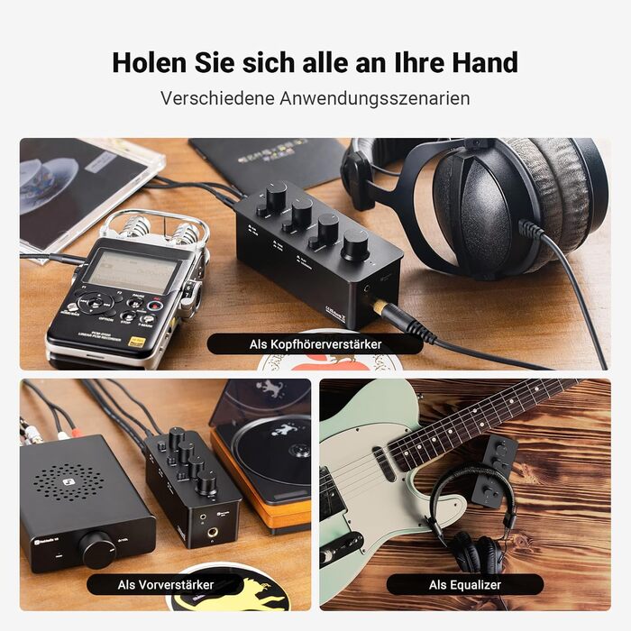 Fosi Audio SK01 Hi-Fi підсилювач для навушників, еквалайзер-попередній підсилювач з регуляторами басу, середніх і високих частот, компенсацією гучності, портативний клас-А аналоговий підсилювач для 3,5 мм і 6,35 мм гітарних роз'ємів