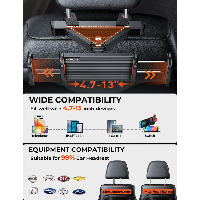 Тримач для планшета в авто Tryone - кріплення на підголівник, 360° обертання, сумісний з iPad, Smartphone, Switch, Tabs, 4.7-13 дюймів