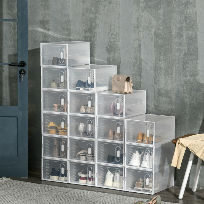 HOMCOM Set of 18 Modular Shoe Storage Boxes with Transparent Doors - Dimensions 25W x 35D x 19H cm | Aosom