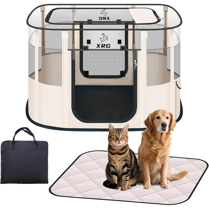 Льох для собак з водонепроникним килимком, портативний клітка для домашніх тварин, клітки для котів для дому, дихаюча сітка, складаний, для собак, котів та кроликів, для подорожей, Бежевий, розмір M (Д x Ш x В): 80 x 50 x 55 см