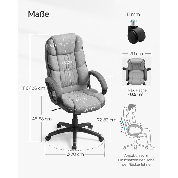 Крісло офісне SONGMICS для офісу, крісло для шефа, комп'ютерне крісло, регулювання висоти сидіння, оббивка, сірий (53 x 51 x 112-122 см)