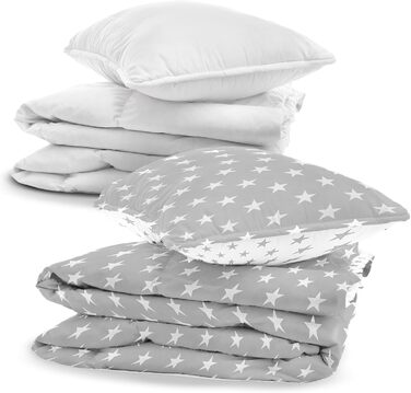 Комплект постільної білизни для дитячого ліжечка 90x120 см з бавовни Kinderbettwäsche - комплект ковдри та наволочок 40x60 см для малюків (хлопчиків та дівчаток). Oeko-Tex, білий з сірими зірками / сірий з білими зірками.
