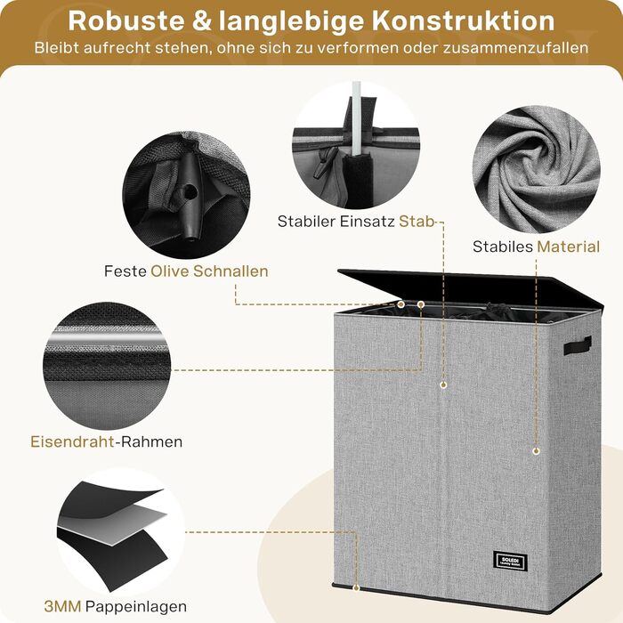 SOLEDI 145L Laundry Basket, Laundry Hamper with 2 Compartments and Lid and 2 Laundry Bags - Laundry Sorter Large XXXL For Bathroom, Bedroom, Laundry Room, Children's Room - 2 x 72.5L Grey