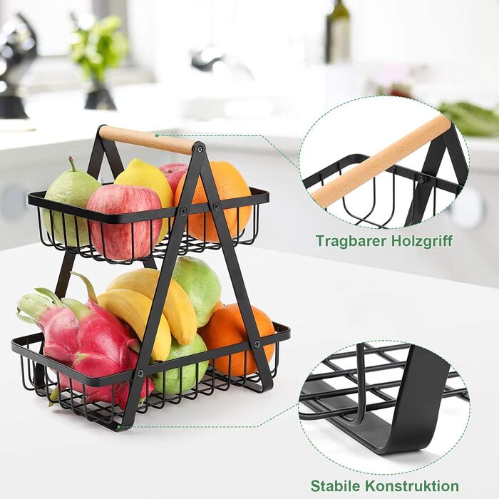 Металева етажерка для фруктів Stöckig – 3 яруси, чорна, для кухні, вітальні, офісу
