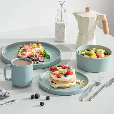 Набір посуду Vancasso SESAM Serie з каменю, 16 предметів, для 4-12 осіб. Тарілки, миски, чашки, скандинавський дизайн, темно-сірий, сірий, блакитний, зелений