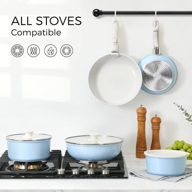 Набір посуду 15 предметів, антипригарне покриття, знімні ручки, посуд для кемпінгу, сумісний з індукцією, блакитний