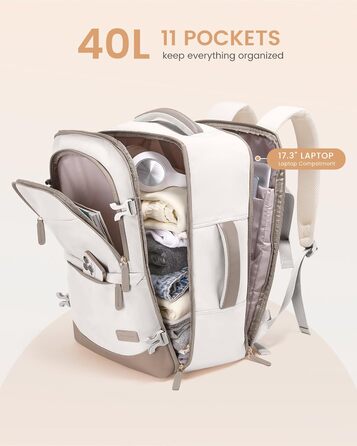 LOVEVOOK Рюкзак для ручної поклажі 40л, для подорожей, з відділенням для ноутбука 17.3 дюймів, з вологостійким відділенням, 45x36x20 см, бежевий/хакі