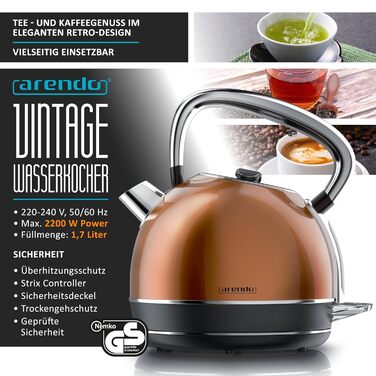 Електричний чайник Arendo з регулюванням температури, LED дисплеєм та сенсорною панеллю. Ретро-дизайн, об'єм 1,7 л, функція підтримки тепла, вимірювання, змінний фільтр від накипу. Матеріал: нержавіюча сталь, колір: мідний.