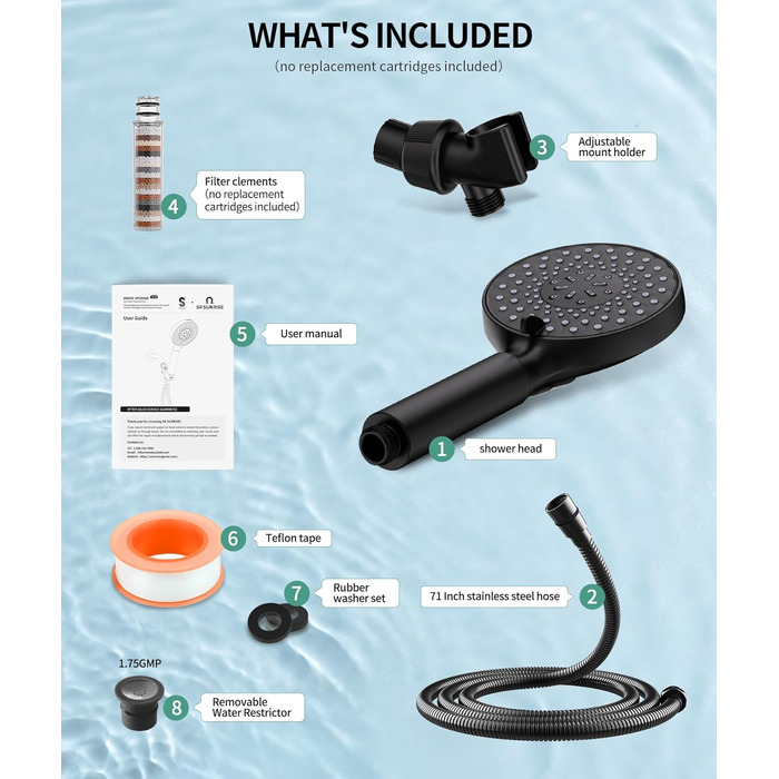 Душова лійка SR SUN RISE з фільтром, шланг та картриджі, 9 функцій, високий тиск, для жорсткої води, видаляє хлор, важкі метали, бактерії, чорний глянцевий колір