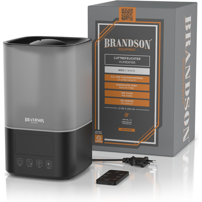 Зволожувач повітря Brandson 2.5л з керуванням від пульта, LED-підсвічуванням RGB та тихим мотором 30dB - для спальні, дитячої, вітальні