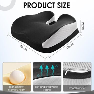 Ортопедична подушка для сидіння з піни Memory Foam: для офісного крісла, авто, інвалідного візка. Чорний дихаючий чохол