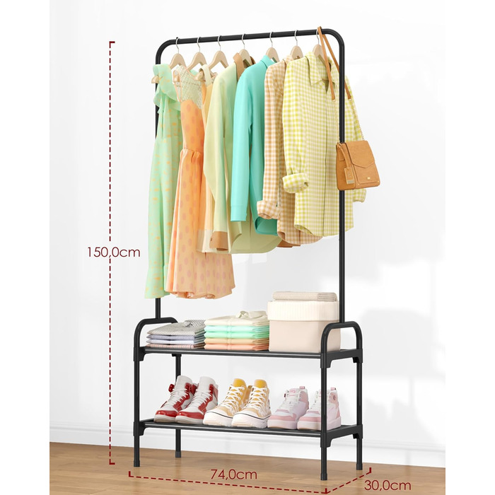 Стійка для одягу з полицею для взуття, чорна, 74 x 30 x 150 см
