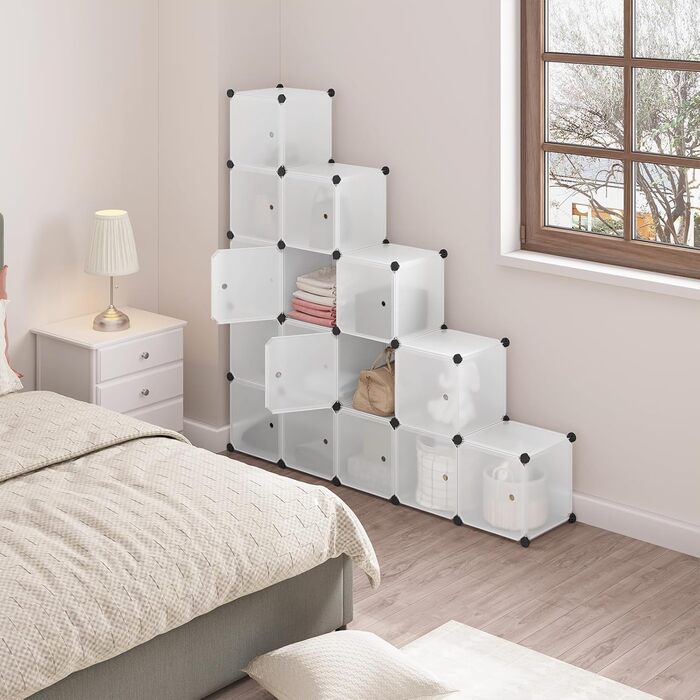 WOLTU Cube Shelf, Storage System, 15 Cubes, DIY Cube Shelf, Modular PP Panels, as Wardrobe, Shoe Shelf, Room Divider, for Living Room, Bedroom, Hallway, White