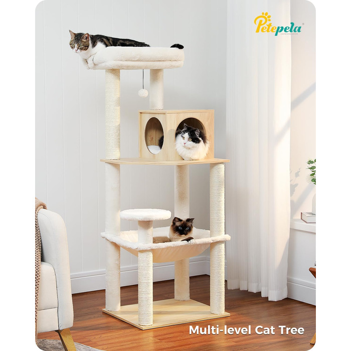Дерев'яний кігтеточка для котів Petpela Katzenbaum 143см з гамаком та лежаком, обтягнутий сизалевим мотузком, бежевий