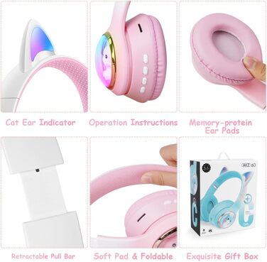 Дитячі навушники AXFEE з Bluetooth, котячі вушка, LED-підсвічування, Over-Ear, стерео, бездротові, з мікрофоном, Micro SD/TF, для телефону/планшета/ПК