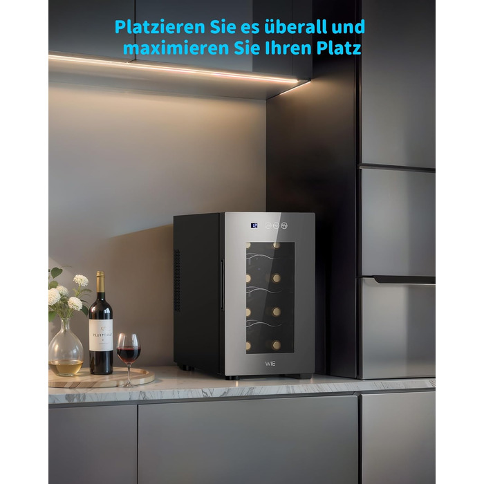 WIE 33 Liter Wine Fridge - 1 Zone Wine Cooler with Glass Door & LED Touch Panel - Mini Wine Refrigerator for 8 Bottles
