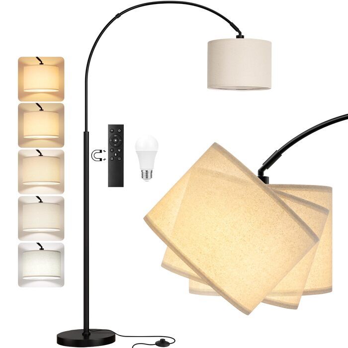 Торшер для вітальні Stehlampe з димером, LED E27, пульт ДУ, бежевий плафон, чорна база, поворотний, 180 см