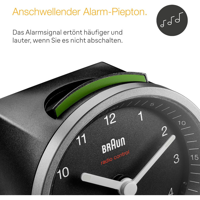 Braun Classic Analog Radio Alarm Clock, Central European Time Zone (CET/GMT+1) with Snooze Function and Illumination, Silent Movement, Crescendo Alarm, Black and Silver, Model BC07SB-DCF.