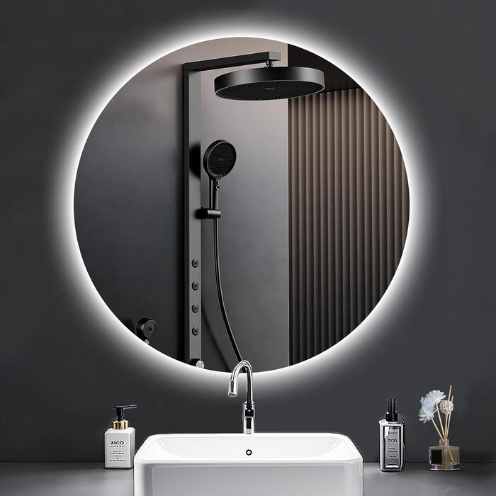 Дзеркало для ванної кімнати з підсвічуванням 70 см, LED дзеркало з підсвічуванням, 3 кольори світла, антизапар, регулювання яскравості, сенсорне управління, функція пам'яті, кругле водонепроникне дзеркало для ванної кімнати IP44 (6500K, 50x50 см)