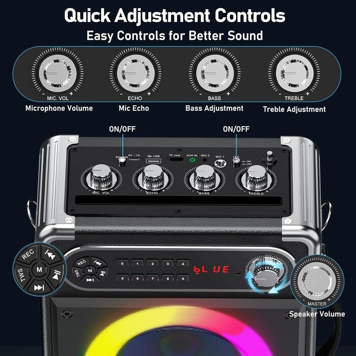 Караоке-машина JYX з 2 UHF-мікрофонами, Bluetooth-колонка з регулюванням басів/високих частот, пульт дистанційного керування та LED-підсвічуванням, підтримка TF-карт/USB, AUX IN, FM, REC, чорний колір